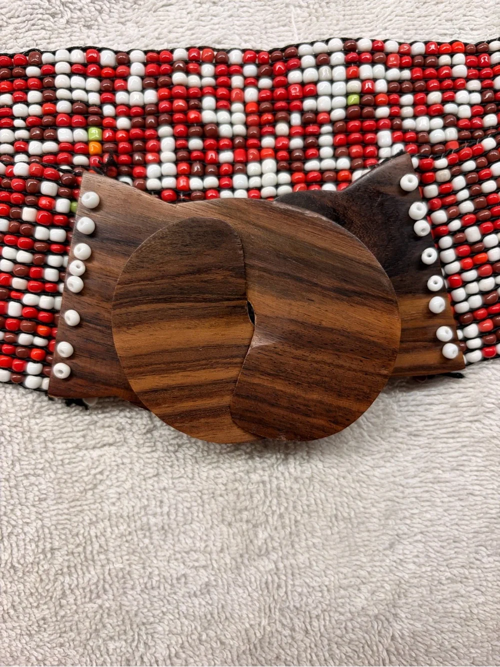 Beaded Red Multi-Color Wide Waist Belt with Wooden Buckle
